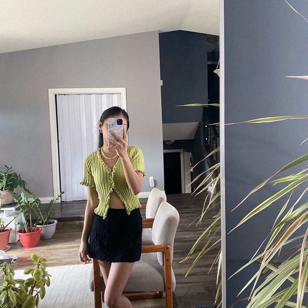 Lime Green Button-Up Top and Black Skirt